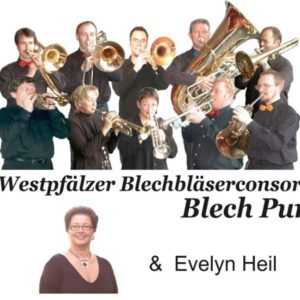 Weiser Hintergrund mit den Bandmitgliedern von Blech Pur darauf