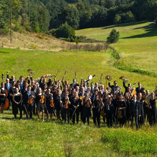 Sinfonieorchester des Landkreises Kaiserslautern posierend auf einer Wiese für das Neujahrskonzert am 16.01.2022 in Ramstein.